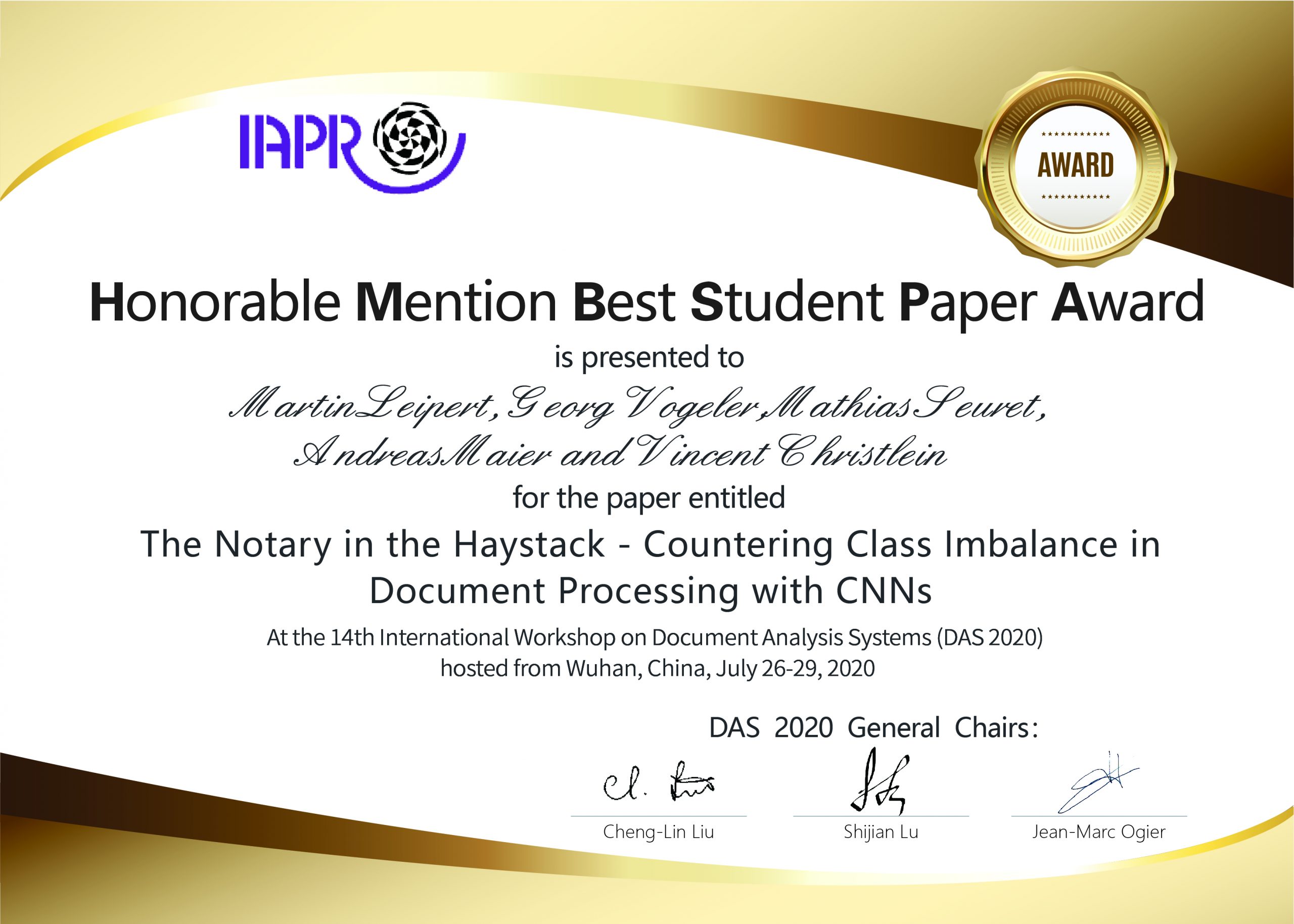 Honorable Mention Best Student Paper Award - Pattern Recognition Lab