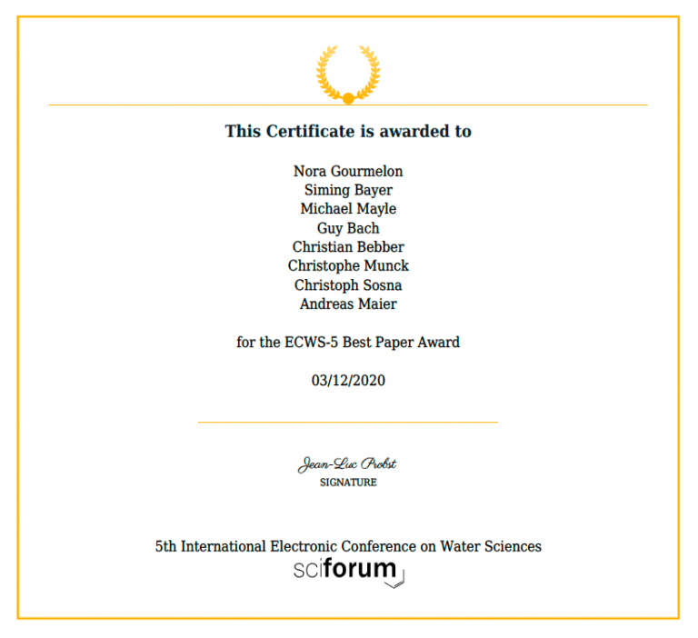 Best Paper Award at the 5th International Electronic Conference on Water Sciences for “Implications of Experiment Set-Ups for Residential Water End-Use Classification” by Nora Gourmelon