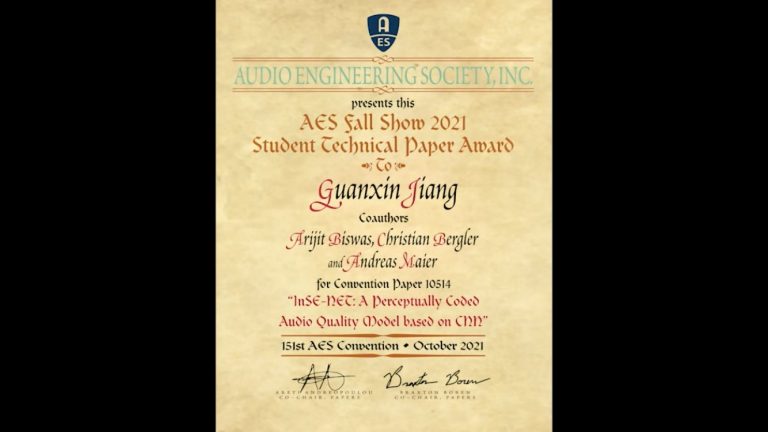 Best Student Paper Award on AES for the Masters’ Thesis work of Guanxin Jiang