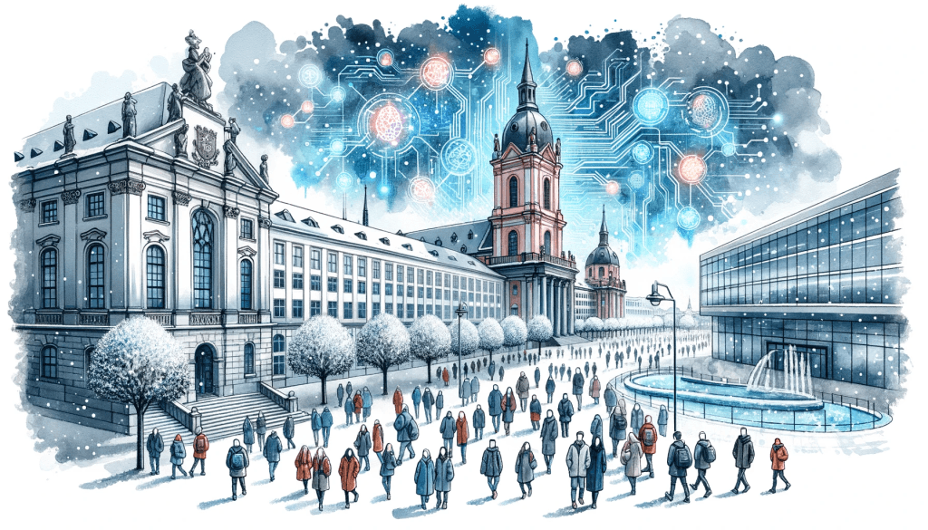 Watercolor illustration of the Friedrich-Alexander-University Erlangen-Nuremberg in winter. Amidst the students of various descent and gender, there are glimpses of AI elements like floating holographic code snippets and neural network patterns, all set against a blue and grey palette.